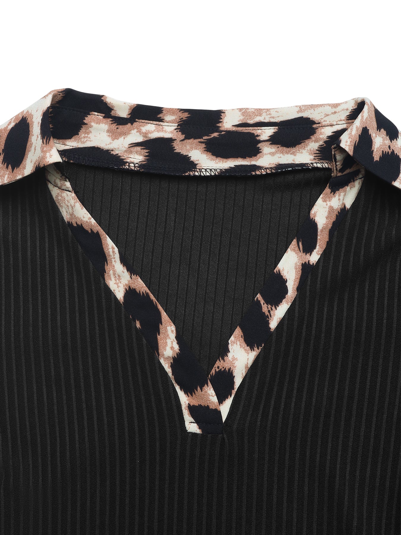 V-Neck Leopard Trim Ribbed Knit Sexy Bodysuit