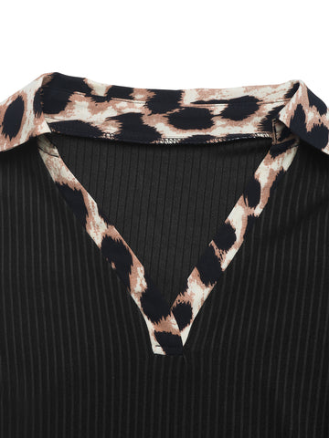V-Neck Leopard Trim Ribbed Knit Sexy Bodysuit
