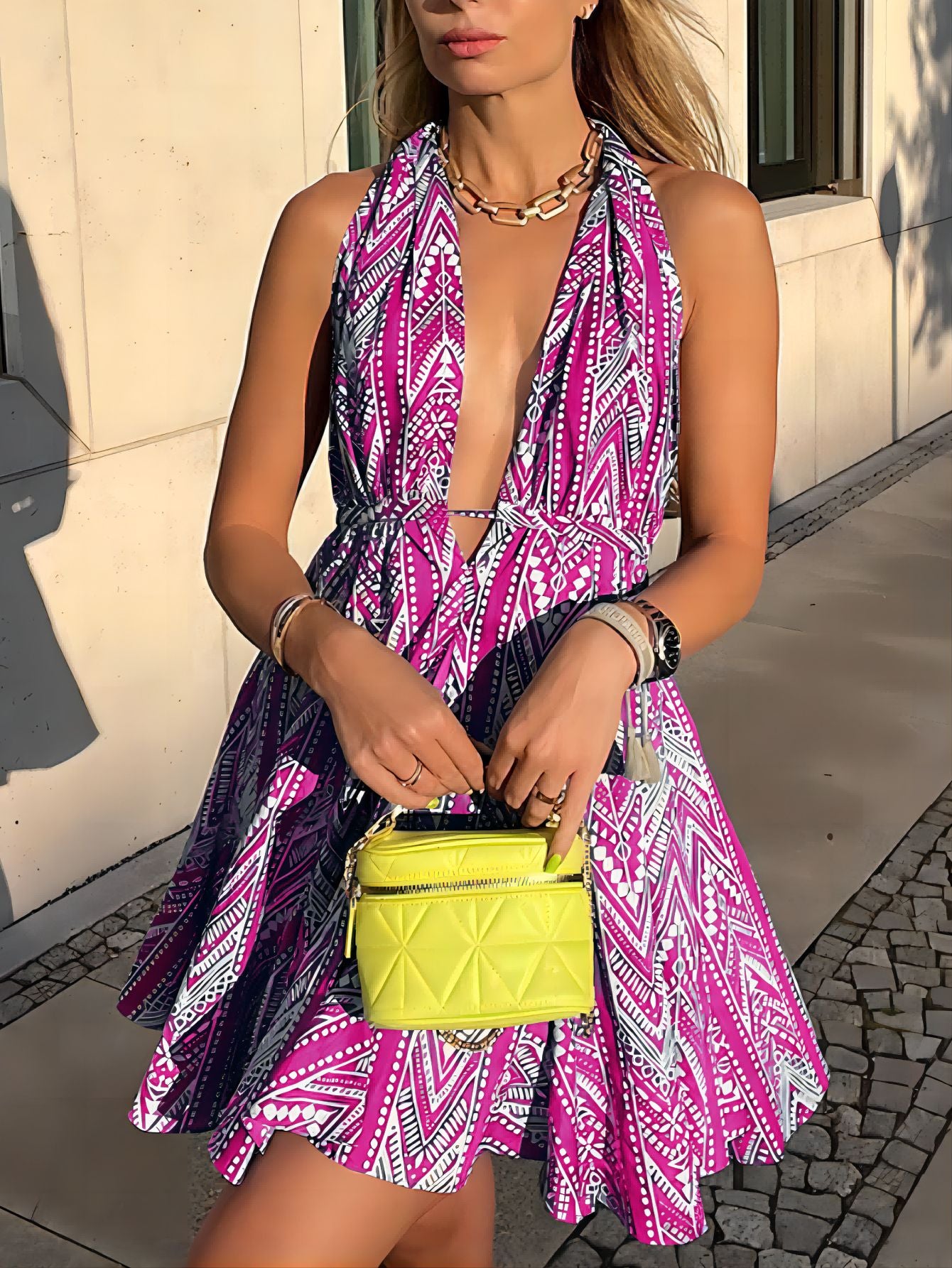 Backless Printed Halter Mini Dress