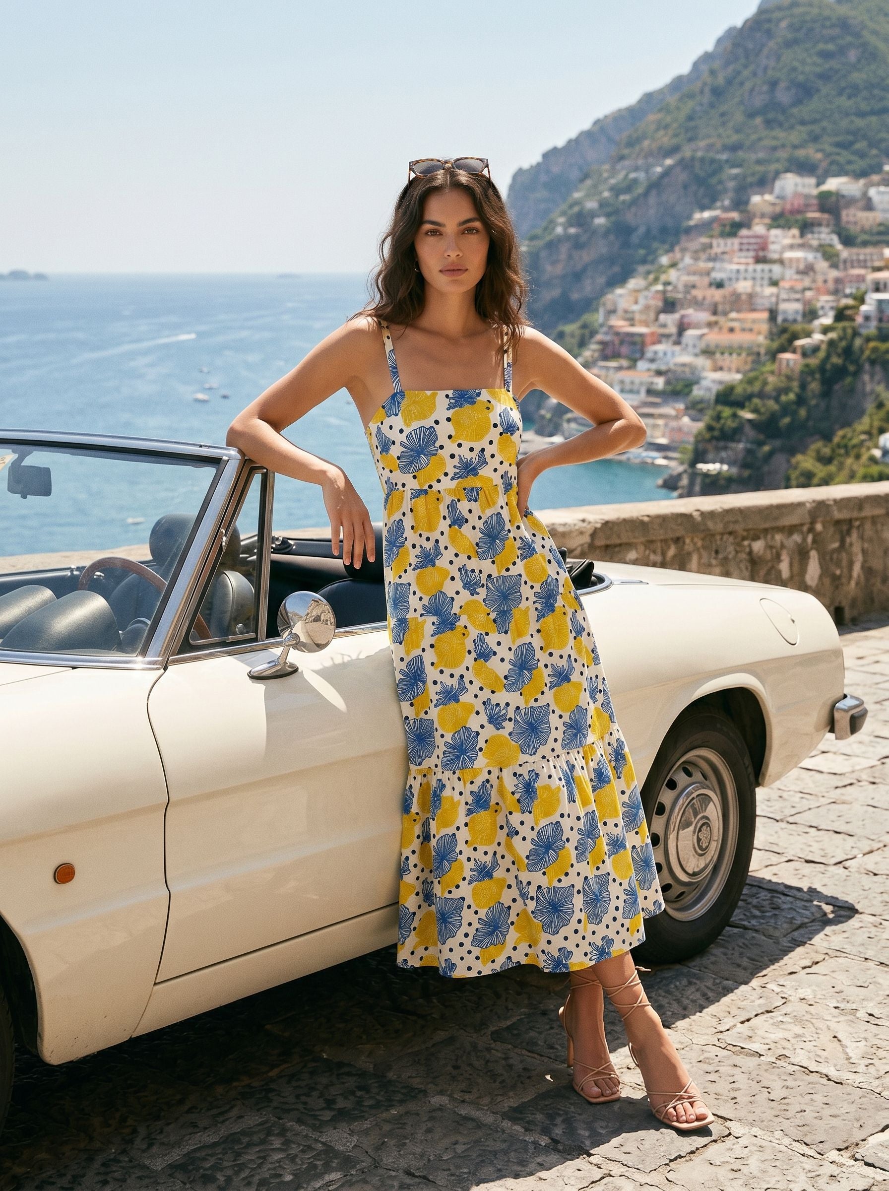 FLORA Floral Print Tiered Strap Midi Dress