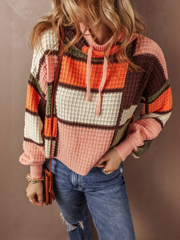Colorblock Waffle Knit Hooded Sweater