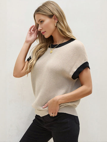 Contrast Trim Textured Knit Sweater