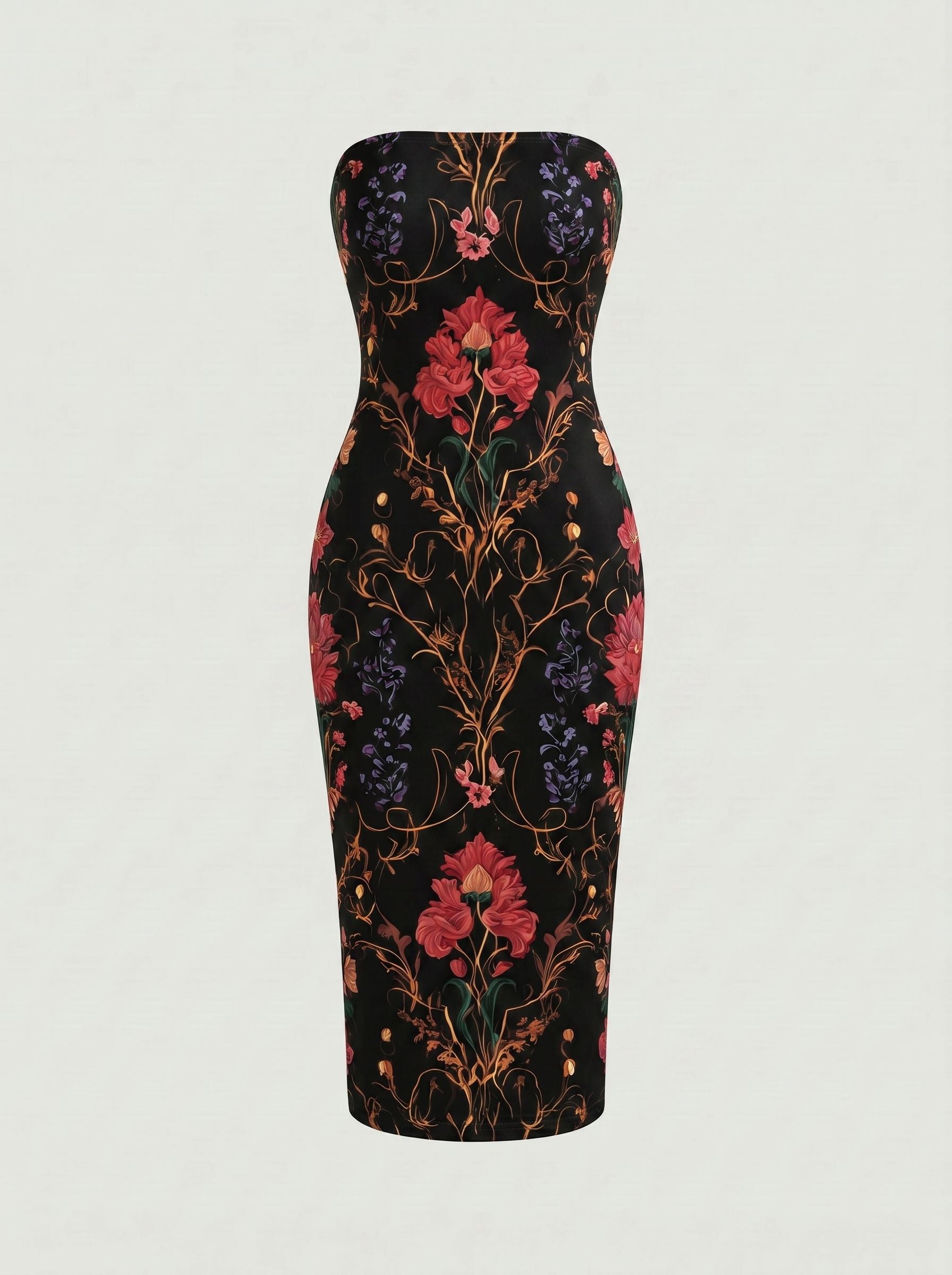 MAIA Floral Print Strapless Sheath Midi Dress