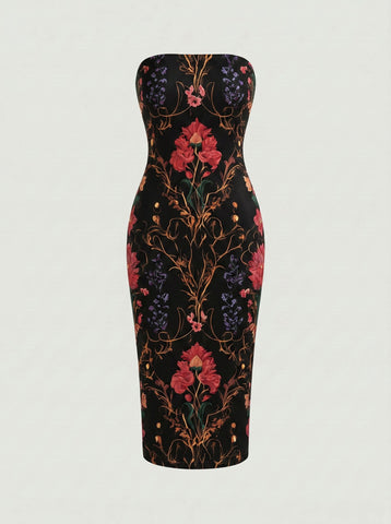 MAIA Floral Print Strapless Sheath Midi Dress