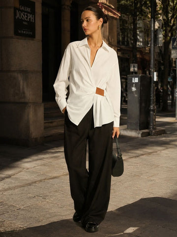 Elegant Ruched Waist Button Down Shirt