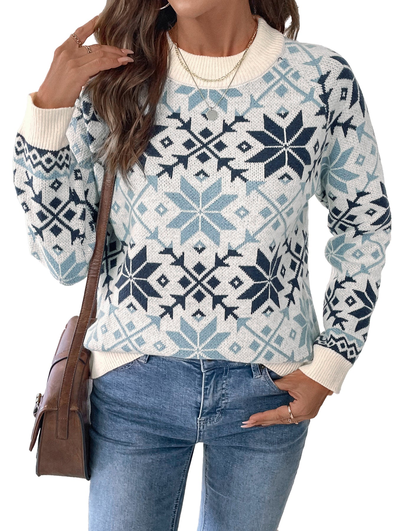 Cozy Snowflake Print Knit Pullover Sweater