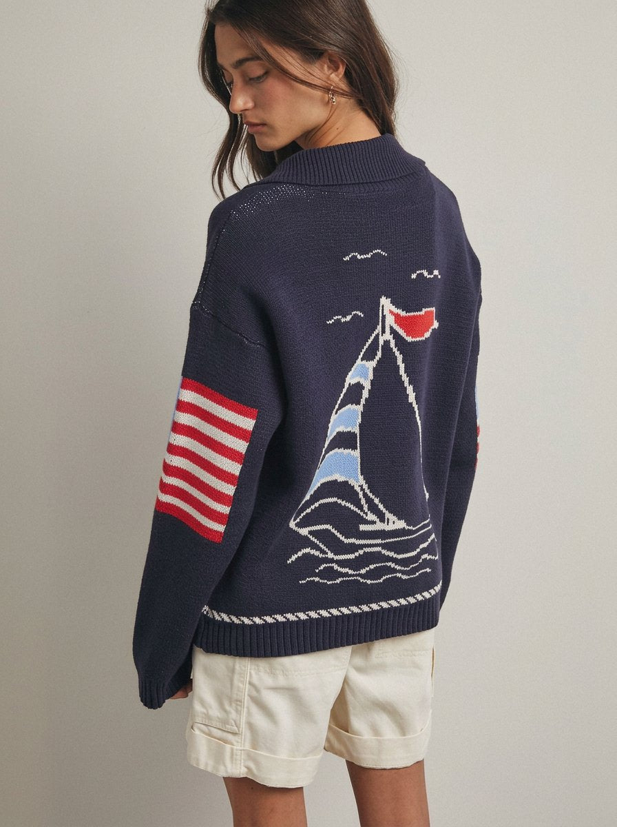 Nautical Graphic Oversized Knit Cardigan