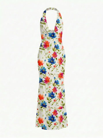 LILA Floral Print Cowl Neck Bodycon Midi Dress