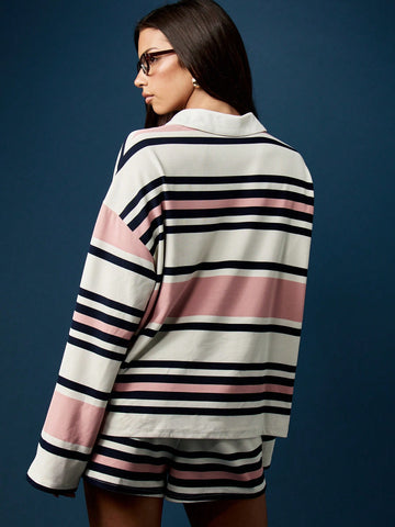 Oversized Striped Polo Shorts Set