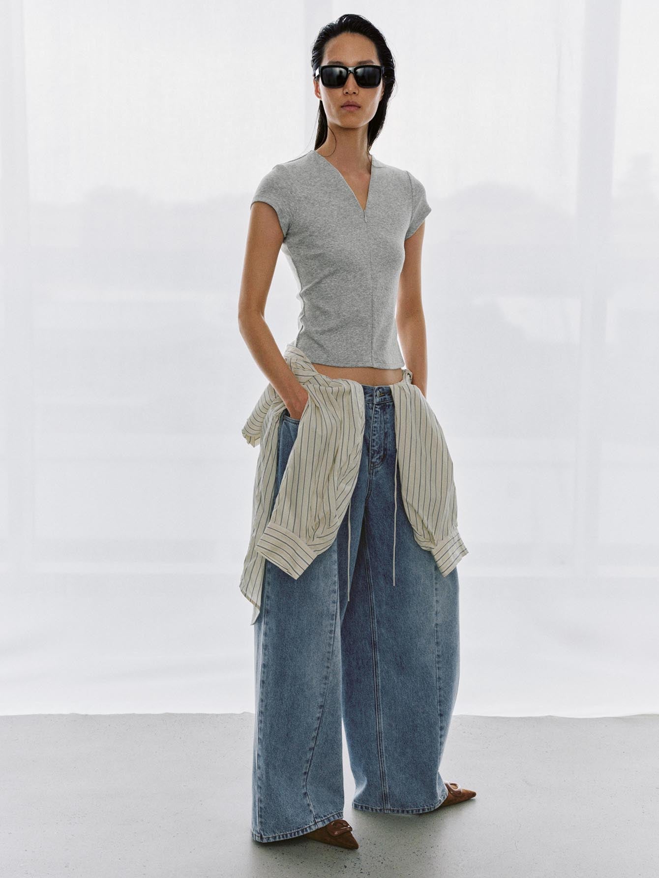 Urban Revivo Drawstring Seamed Straight Leg Jeans-Blue