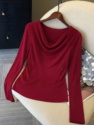 Elegant Cowl Neck Long Sleeve T-Shirts
