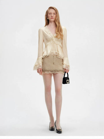 Elegant Lace Trim Satin Blouse