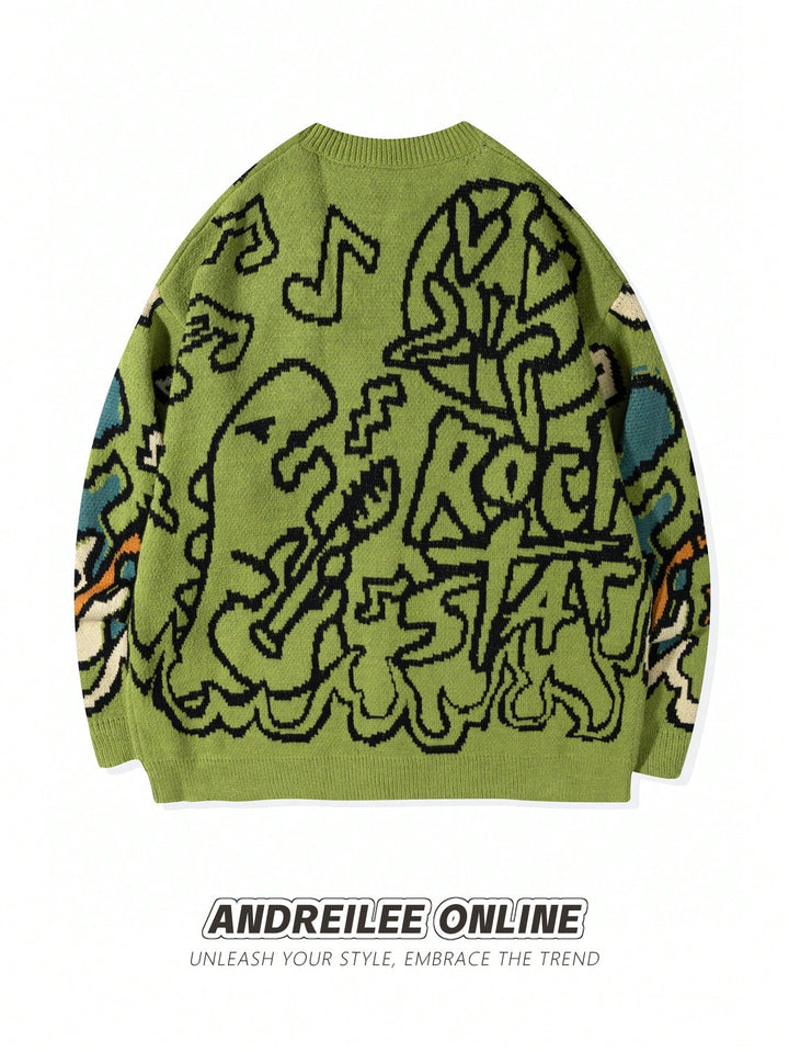 Oversized Graphic Pattern Knit Cardigan