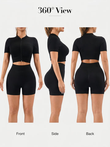 Seamless Ribbed Zip Up Workout Set