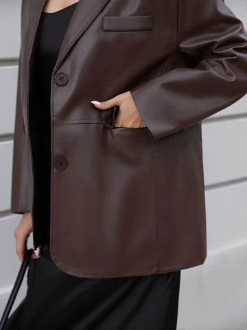 Classic Oversized Brown Faux Leather Blazer
