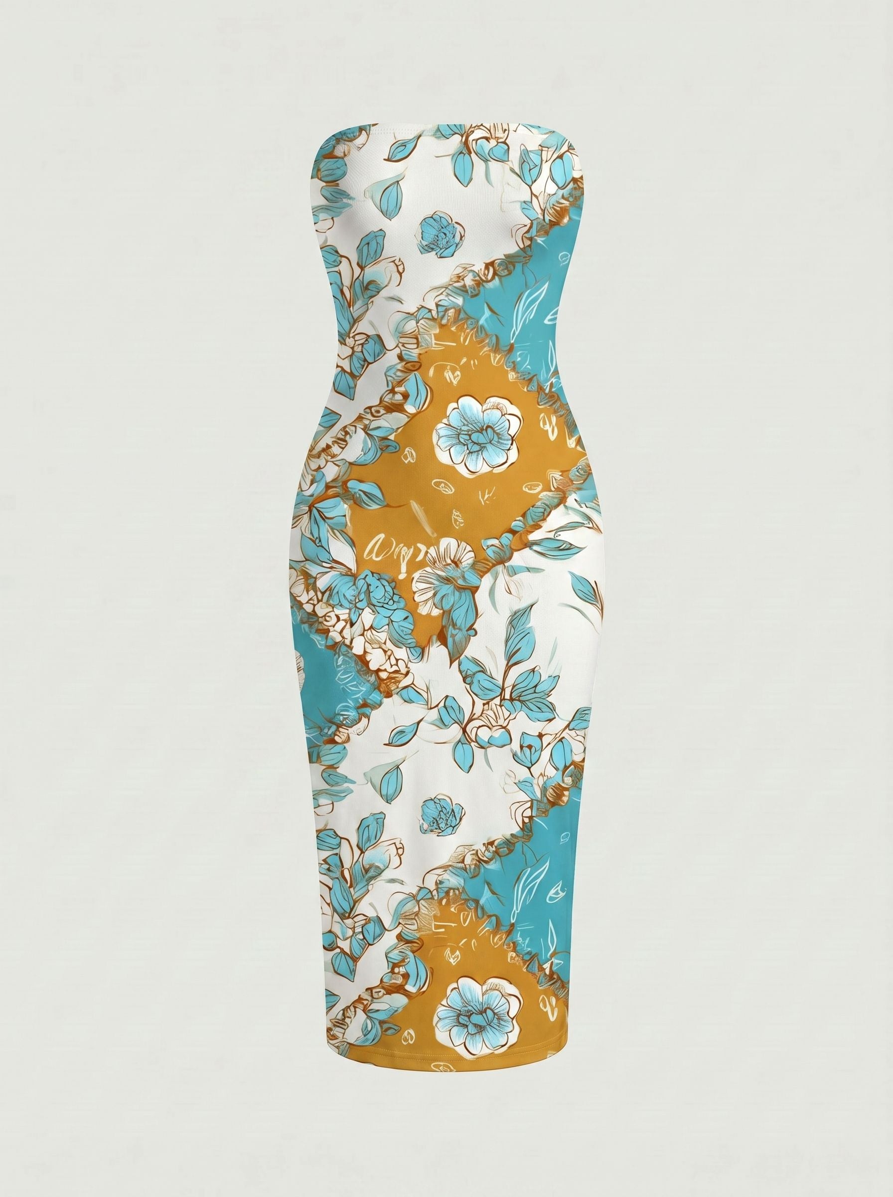 MAIA Floral Print Strapless Sheath Midi Dress