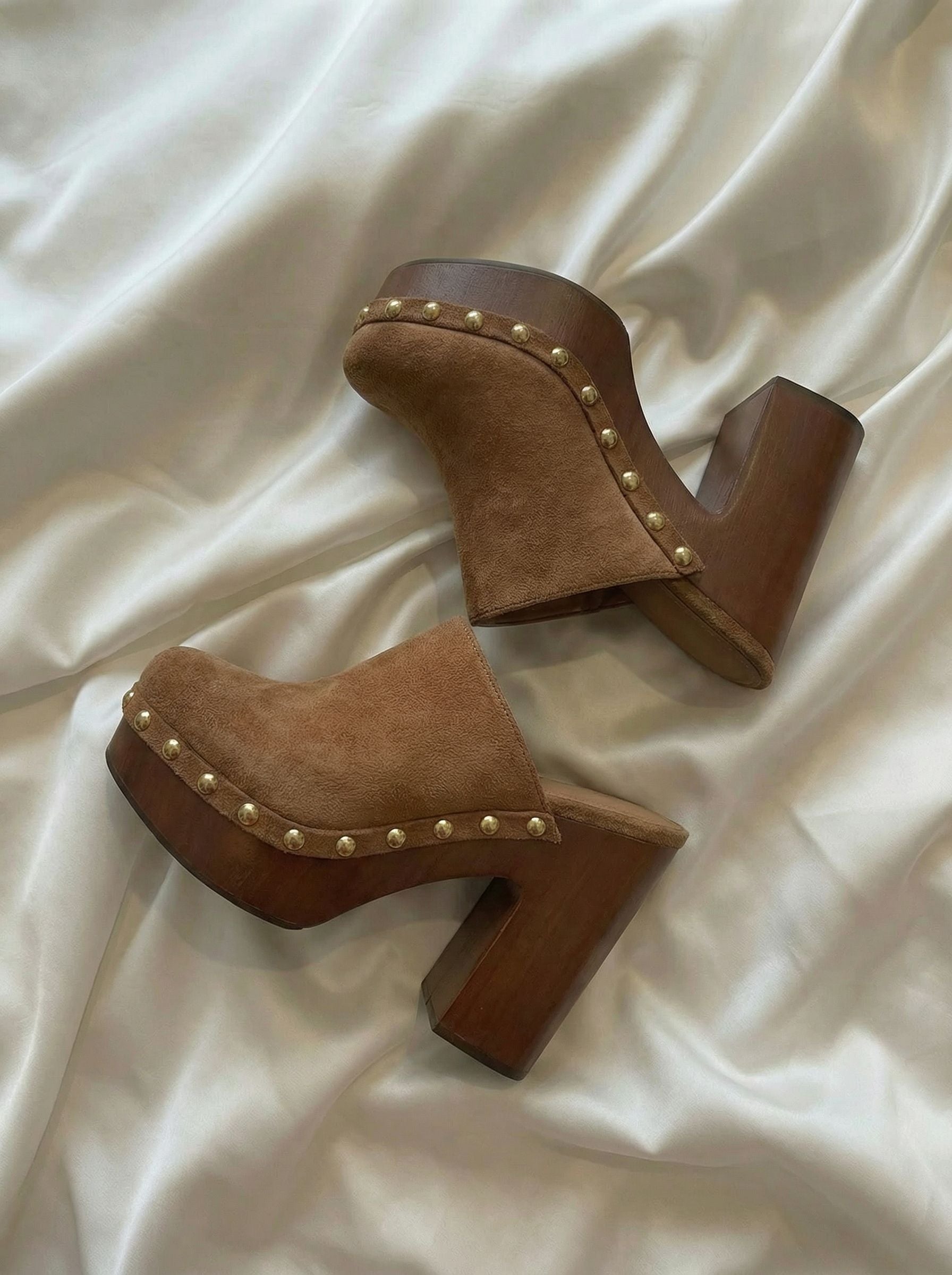 Wooden Heel Studded Edgy Heels