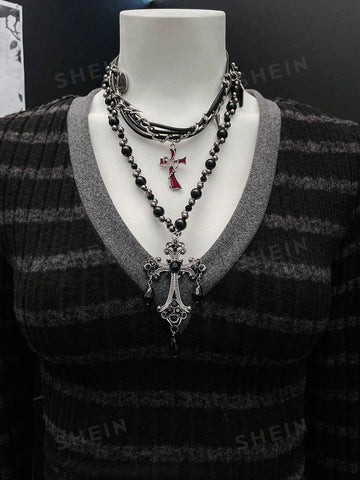 Goth Striped V Neck Long Sleeve Tee