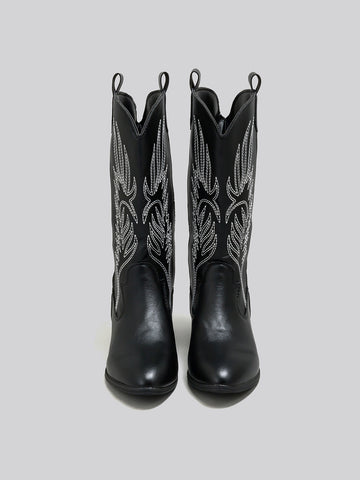 Embroidered Pointed-Toe Western Boots-Black