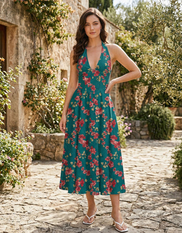 AURELIA Floral Print Halter Neck Tie Back Midi Dress