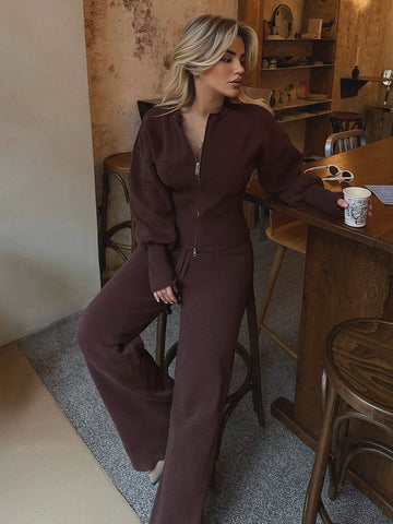 Zip Up Ribbed Knit Set