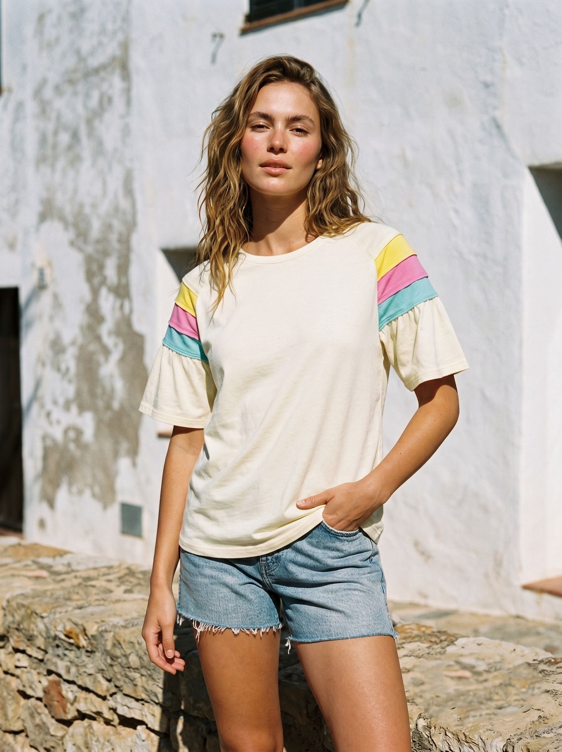 Retro Striped Ruffle Sleeve T-Shirt