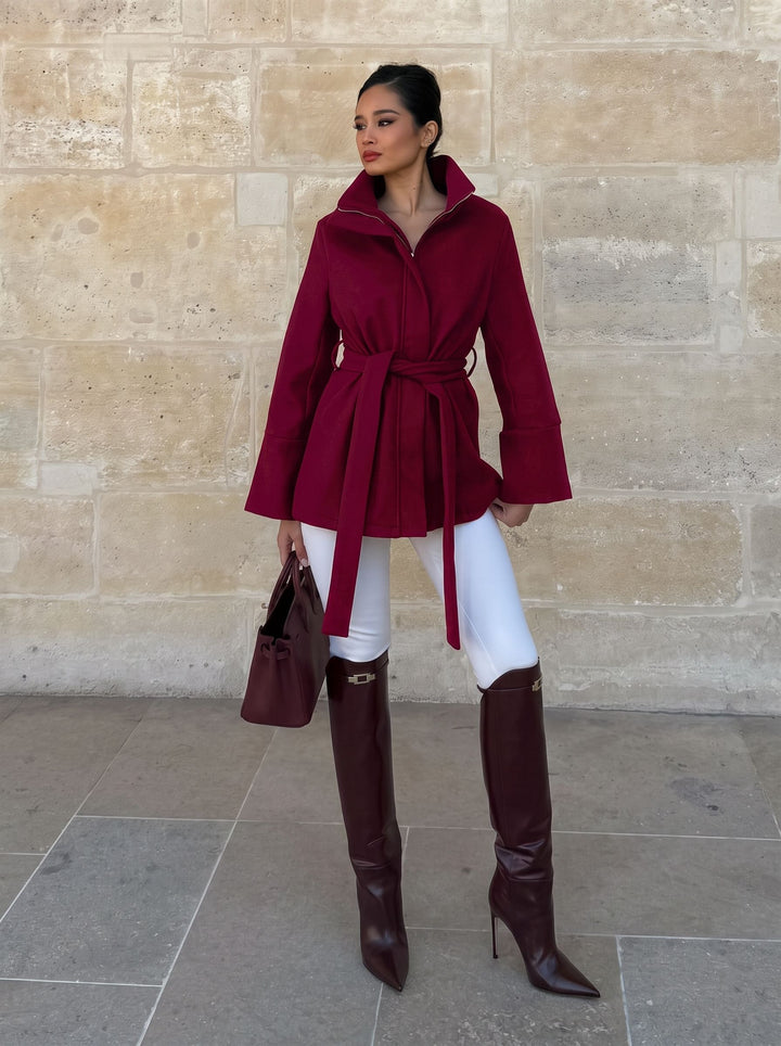 Stand Collar Belted Wool Coat