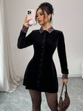 Leopard Collar Velvet Button Down Dress