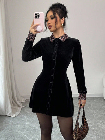 Leopard Collar Velvet Button Down Dress