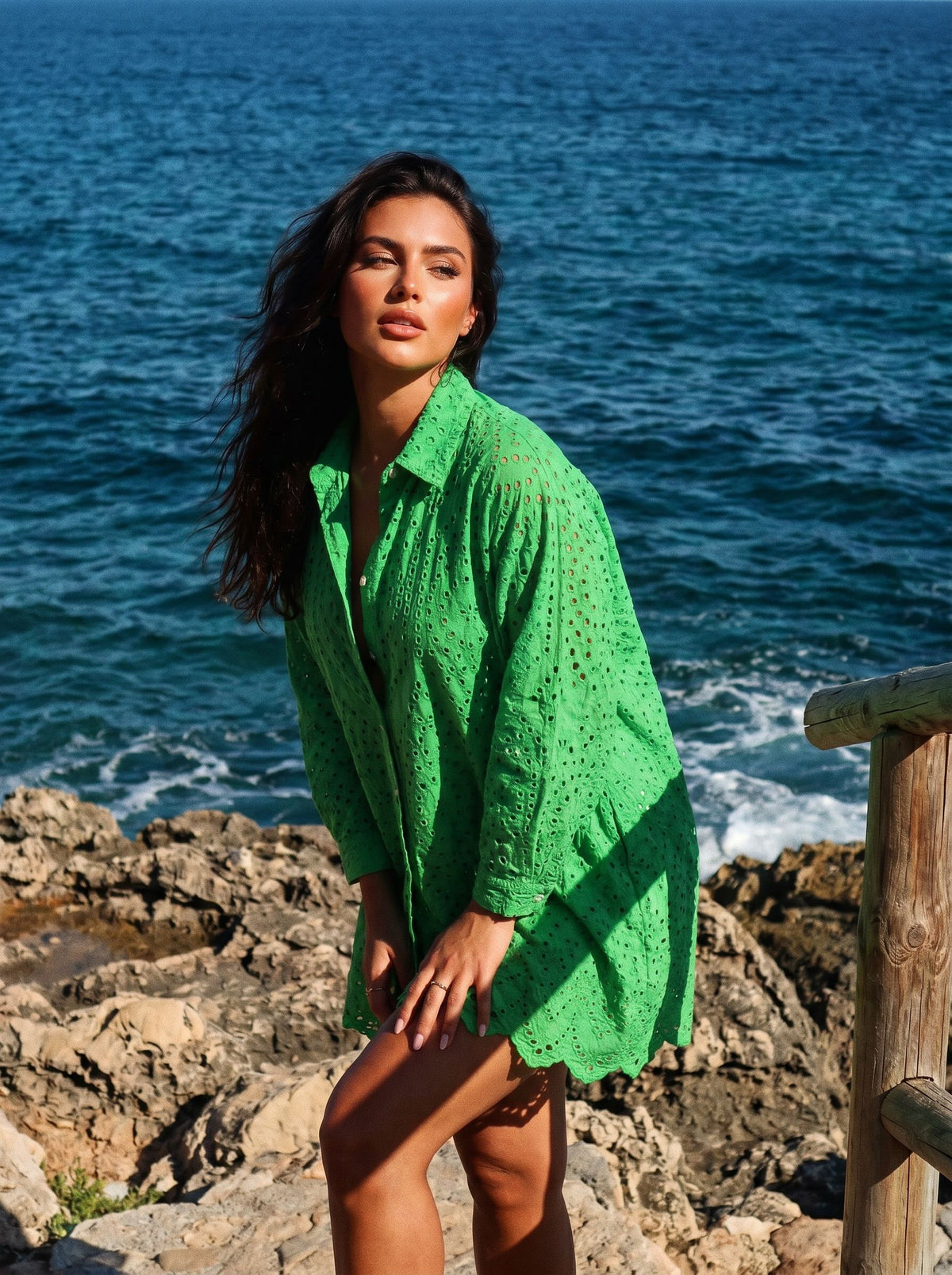 Green Eyelet Button Down Shirt