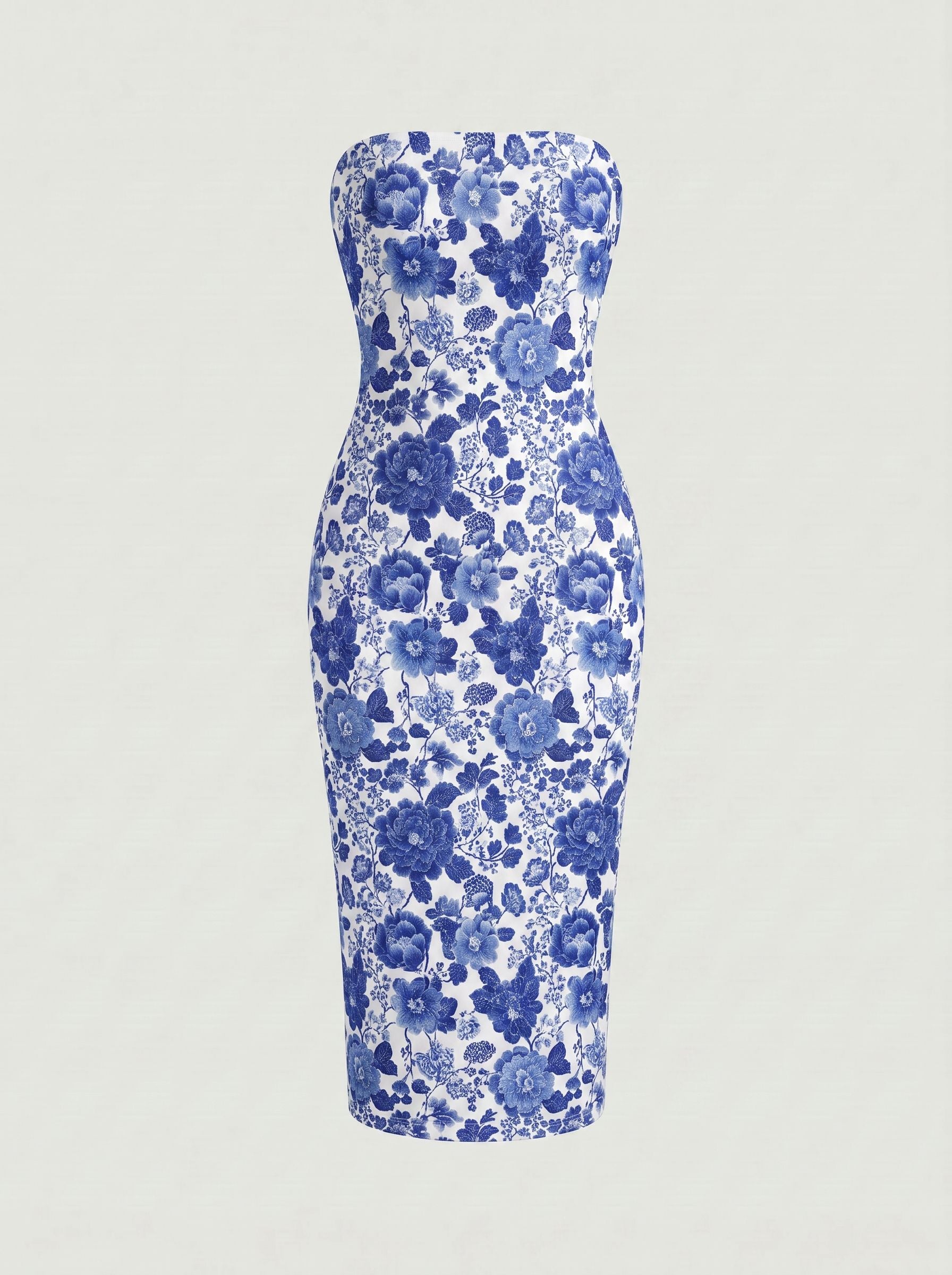 MAIA Floral Print Strapless Sheath Midi Dress