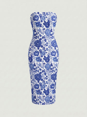 MAIA Floral Print Strapless Sheath Midi Dress