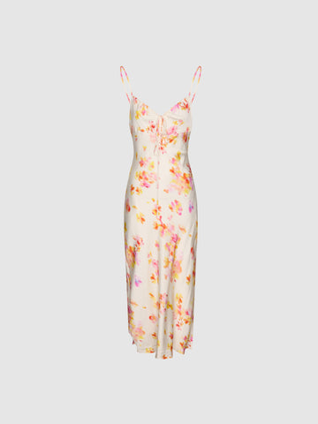 Urban Revivo Floral Printed Strappy Drawstring Skinny-Fit A-Line Midi Dresses