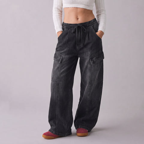 Drawstring High Waisted Cargo Jeans
