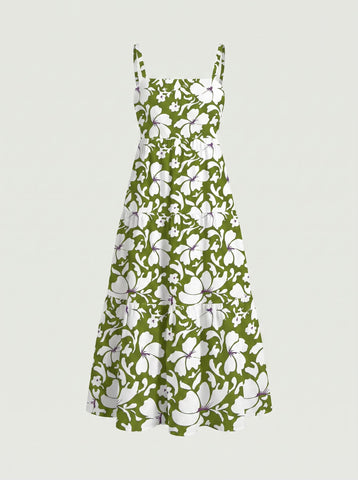 FLORA Floral Print Tiered Strap Midi Dress