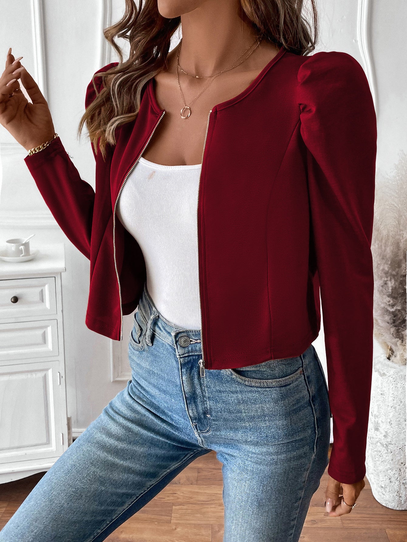 Elegant Puff Sleeve Zip Up Jacket
