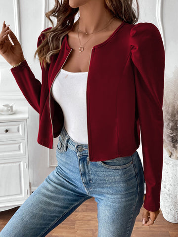 Elegant Puff Sleeve Zip Up Jacket