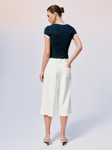 Contrast Trim Square Neck Zip-Up Cropped Skinny-Fit T-Shirts