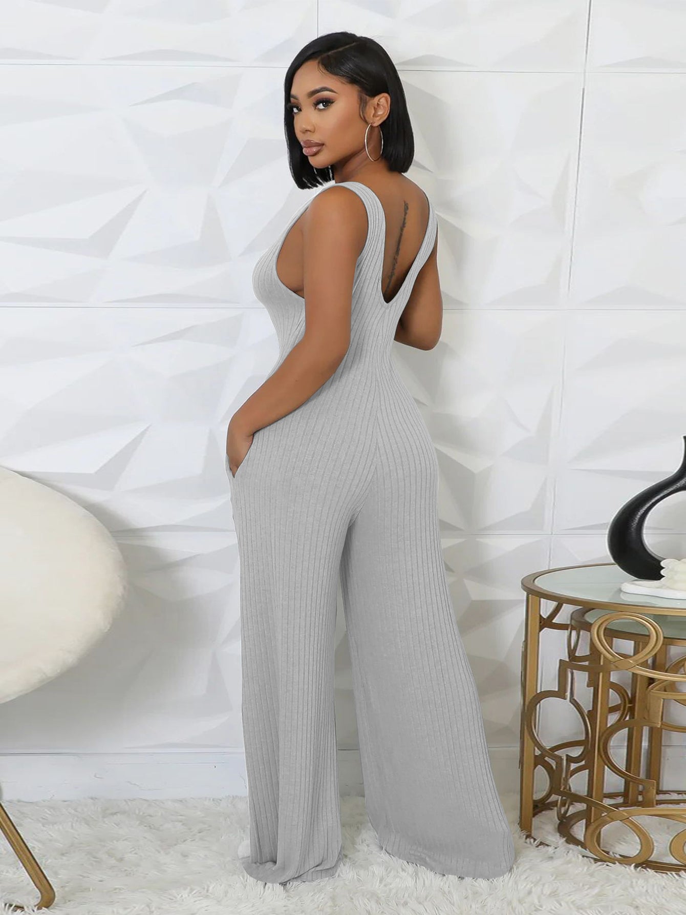 Deep V Neck Pockets Relaxed Jumpsuit
