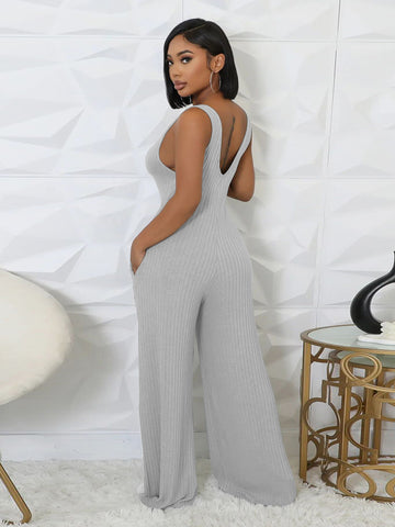 Deep V Neck Pockets Relaxed Jumpsuit