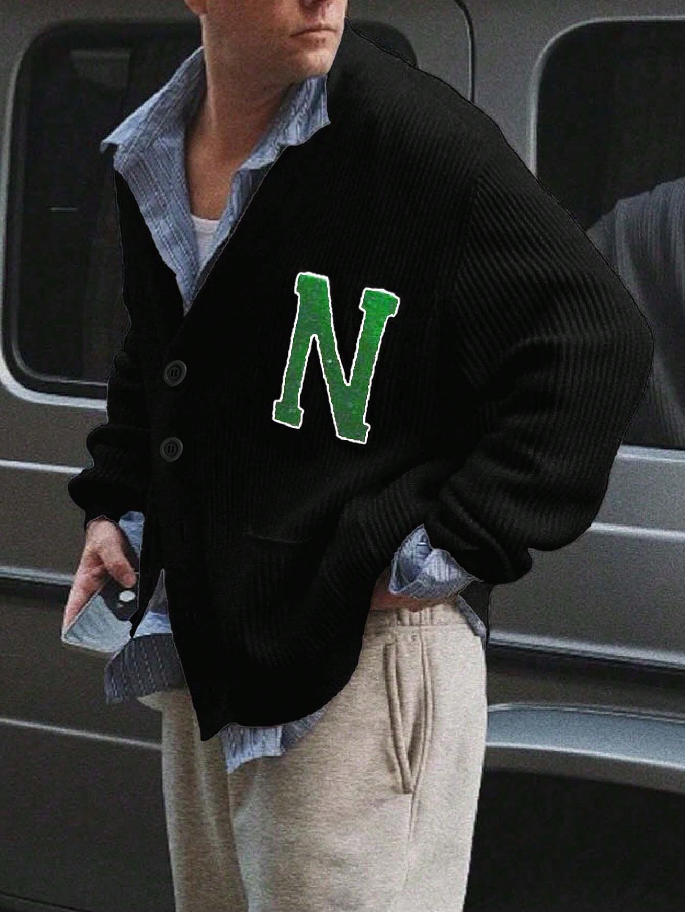 Oversized Letter Patch Ribbed Cardigan