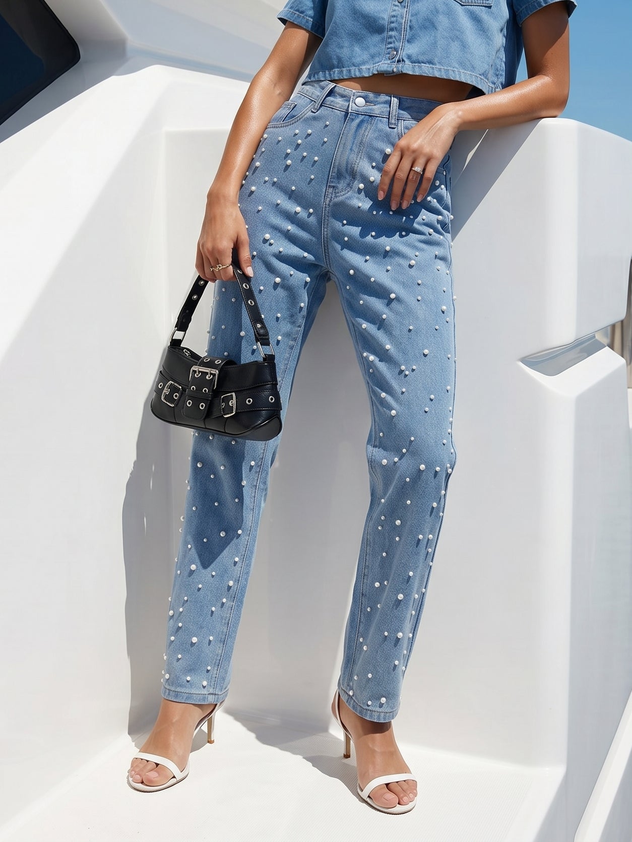 Embellished Pearl High Rise Jeans