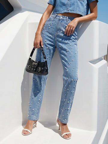 Embellished Pearl High Rise Jeans
