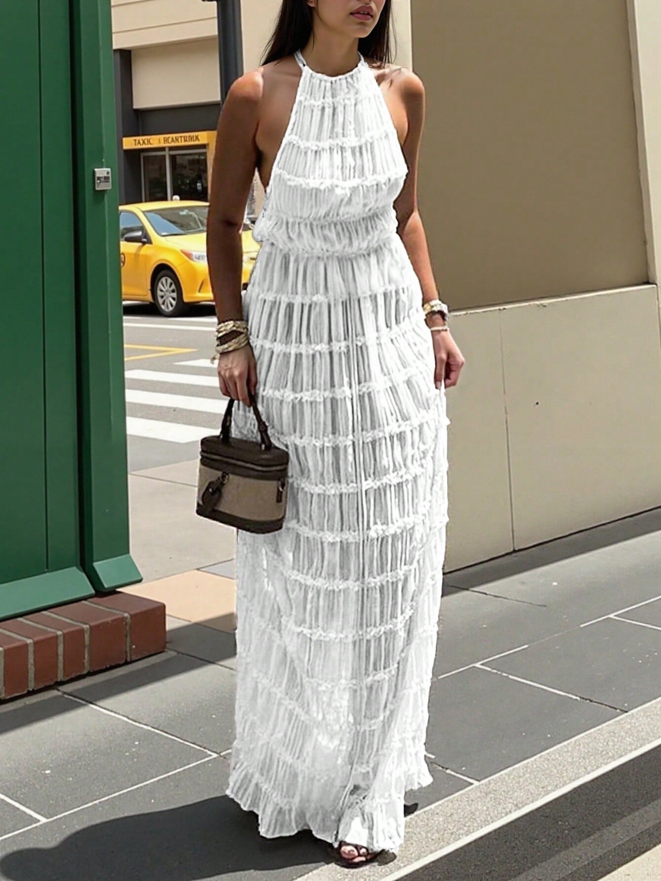 Solid Color Halter Tiered Flowy Maxi Dress-White