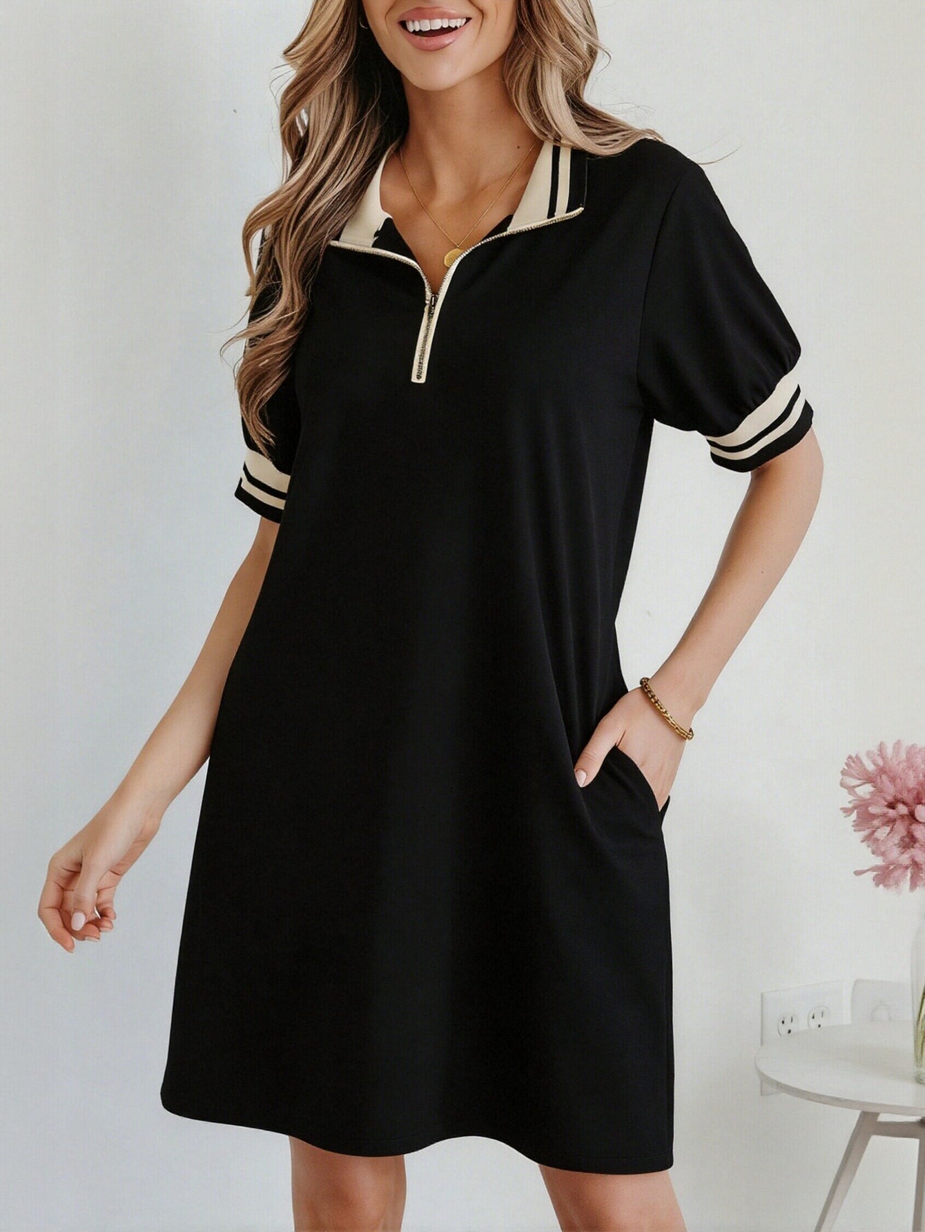 Zip Up Striped Trim Dress