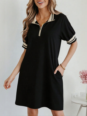 Zip Up Striped Trim Dress