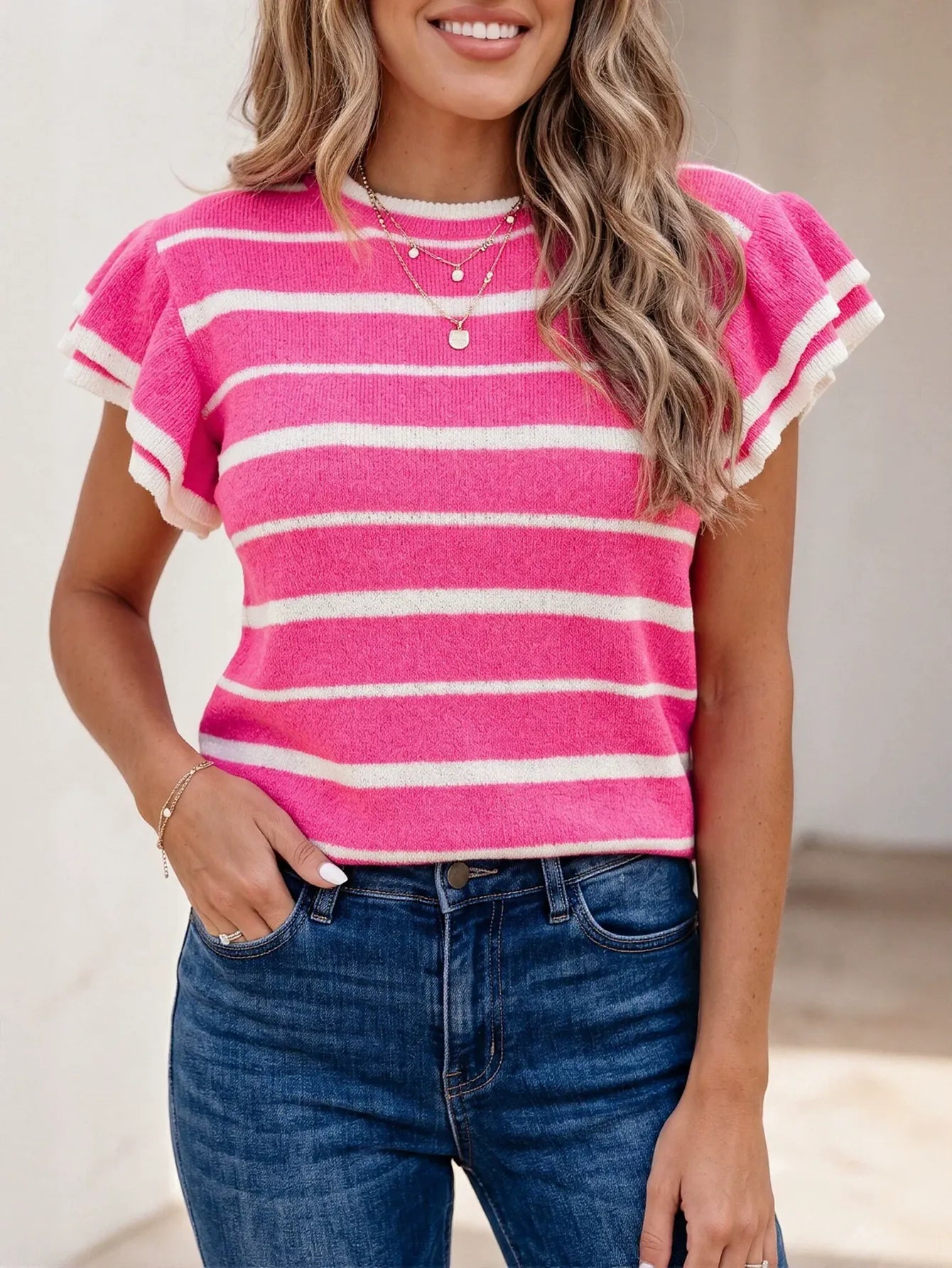 Striped Ruffle Sleeve Knit Sweater