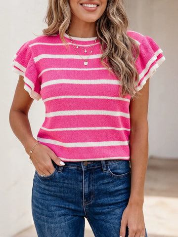 Striped Ruffle Sleeve Knit Sweater