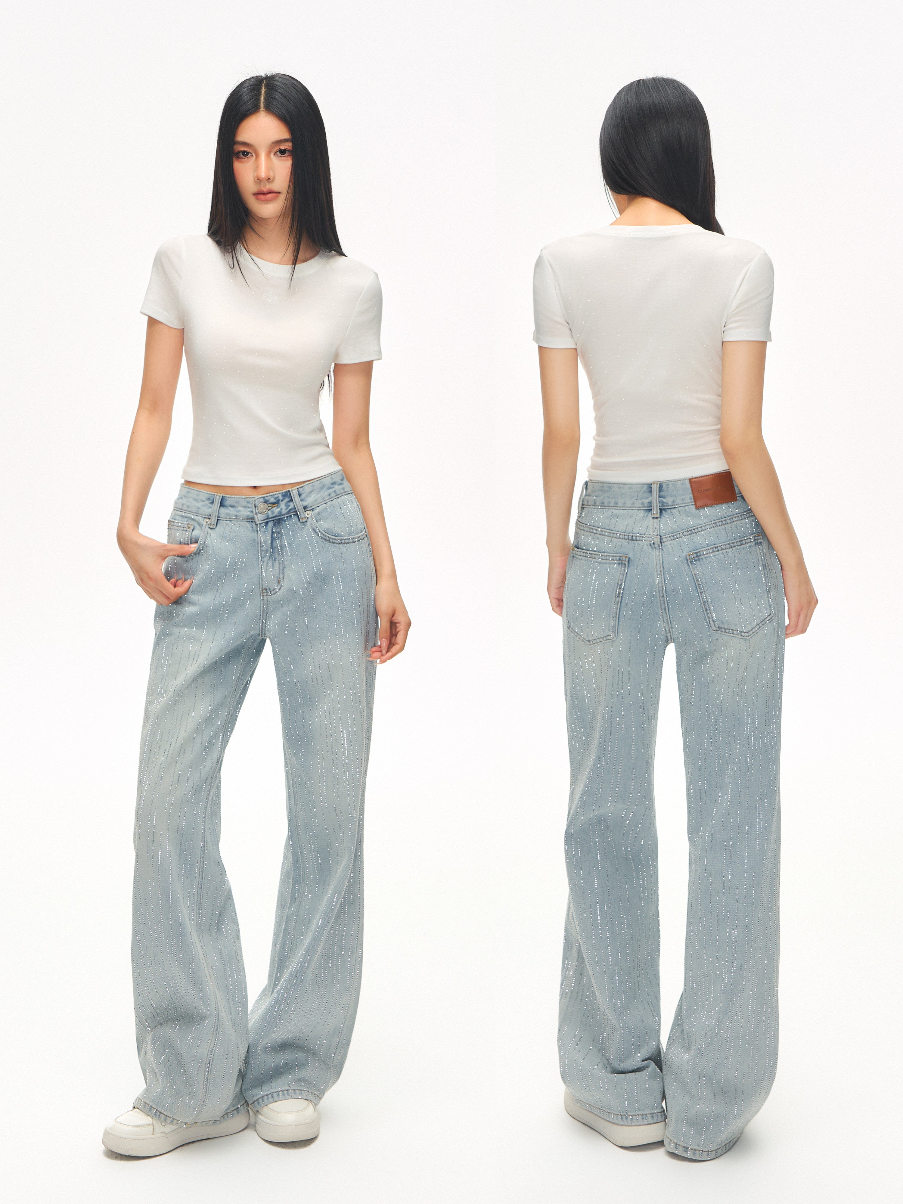 Sparkly Rhinestone High Waisted Wide Leg Jeans
