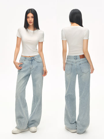 Sparkly Rhinestone High Waisted Wide Leg Jeans